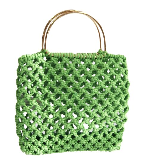 Green Crochet Tote with Gold Metal Handles