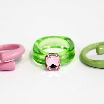 Juego de anillos rosa verde