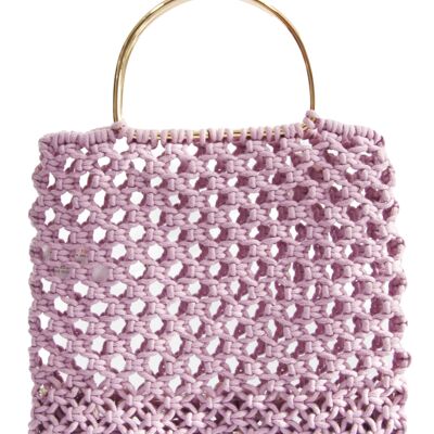 Bolso tote de ganchillo lila con asas de metal dorado