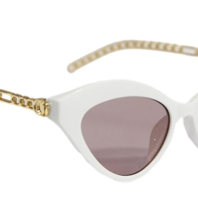 Weiße Cat-Eye-Sonnenbrille mit goldenen Kettenbügeln