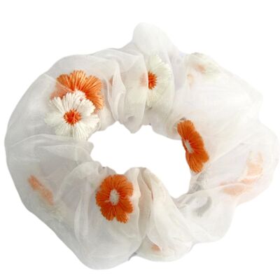 Scrunchie de organza con bordado floral naranja