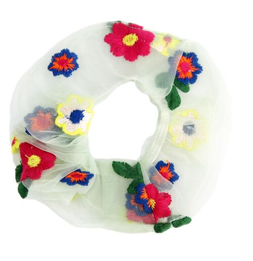 Mint Floral Embroidered Organza Scrunchie