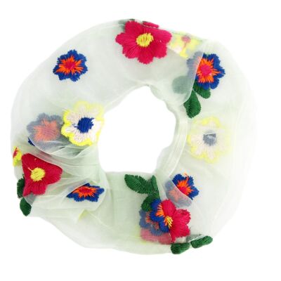 Scrunchie in organza ricamato floreale color menta