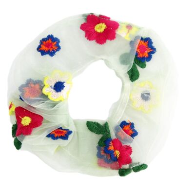 Mint Floral Embroidered Organza Scrunchie