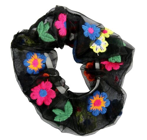 Black Floral Embroidered Organza Scrunchie