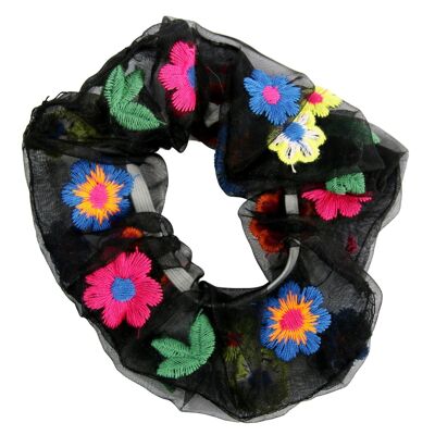 Scrunchie de organza con bordado floral negro