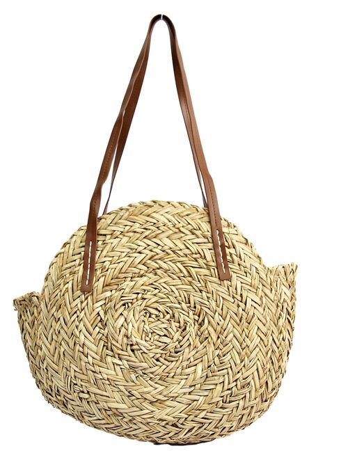 Natural Wheat Straw Circle Bag with Faux Leather Long Strap