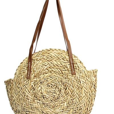 Natural Wheat Straw Circle Bag with Faux Leather Long Strap
