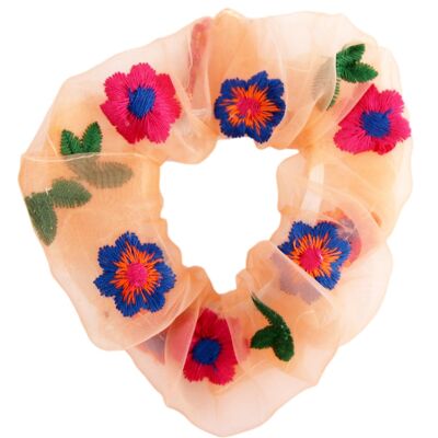 Scrunchie de organza con bordado floral de melocotón