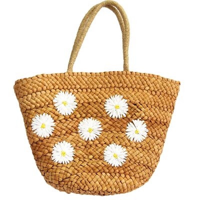 Tan Straw Structured Bag with Daisy Detail