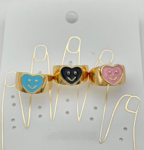 3pc Aqua Black and Pink Heart Smiley Ring Set