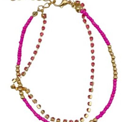 Fuchsia and Gold Bead and Diamante Anklet