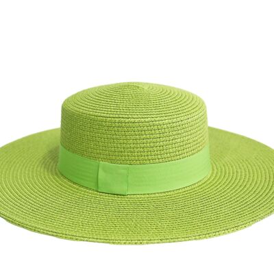 Canotier en paille vert citron et bande en poly ton sur ton