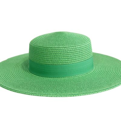 Sombrero canotier de paja verde y banda de poliéster tonal