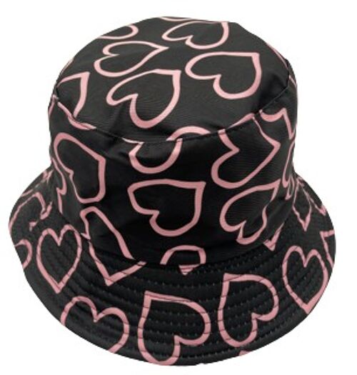 Black Bucket Hat with Pink Hearts