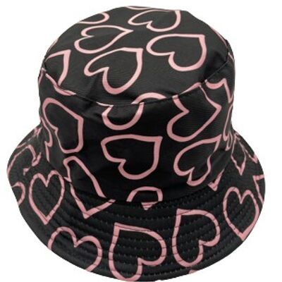 Sombrero de pescador negro con corazones rosas