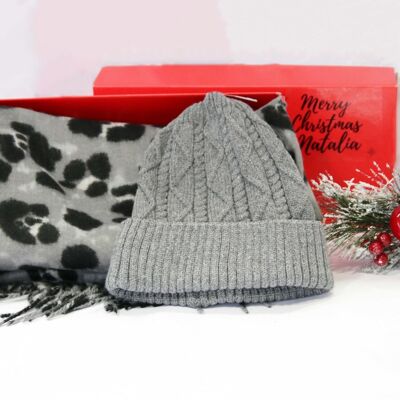 Grey Leopard Beanie,  Scarf Set  - In Red Gift Box with Christmas Ribbon