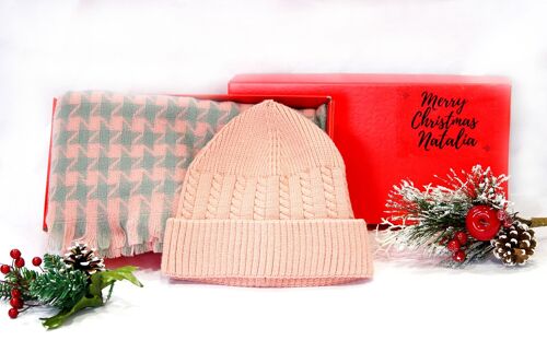 Pink Grey Beanie,  Scarf Set  - In Red Gift Box with Christmas Ribbon