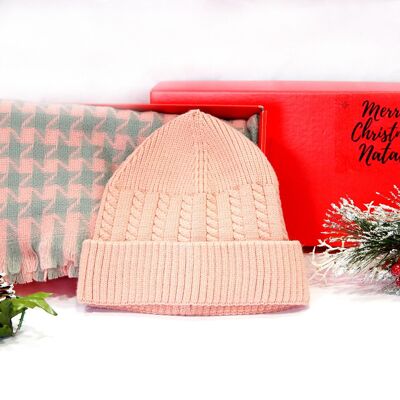 Gorro gris rosa, juego de bufanda, en caja de regalo roja con cinta navideña