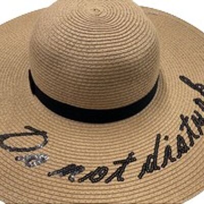 Do Not Disturb Straw Hat Wit Sequin Slogan  and Pom Pom Hat Band