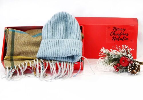 Blue Brown Beanie,  Scarf Set  - In Red Gift Box with Christmas Ribbon