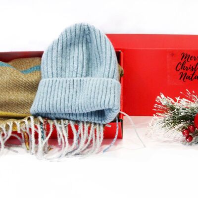 Blaubraune Mütze, Schal-Set – in roter Geschenkbox mit Weihnachtsband
