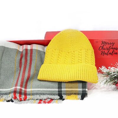 Red Black Beanie,  Scarf Set  - In Red Gift Box with Christmas Ribbon