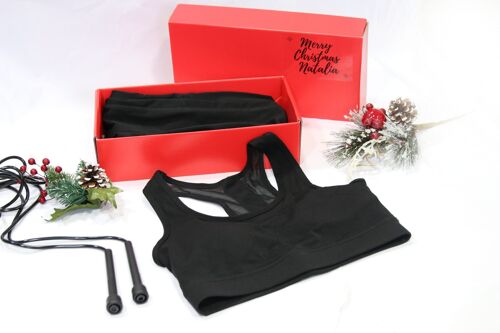 Black 2pc Gym Set with Black Skipping Rope in a red Gift Box with Ribbon