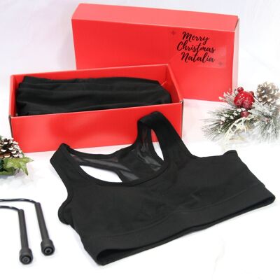 Ensemble de gymnastique noir 2 pièces avec corde à sauter noire dans une boîte cadeau rouge avec ruban