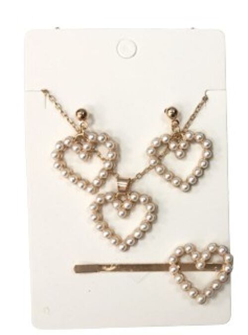 Gold Pearl Heart Set Earrings Necklace and Hair Slide