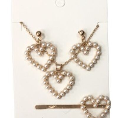 Gold Pearl Heart Set Earrings Necklace and Hair Slide