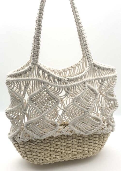 White Crochet Bag with Straw Base