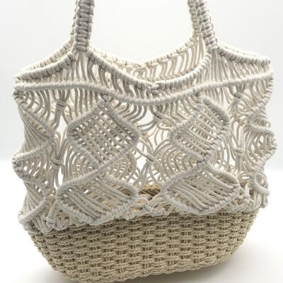 White Crochet Bag with Straw Base