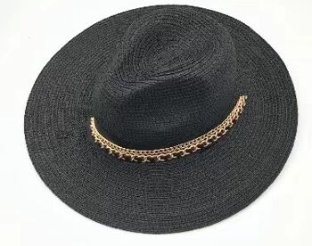 Fedora en paille noire avec PU et bande de chaîne