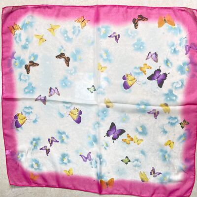 Fuchsia Edge Multi Butterfly Satin Square Scarf