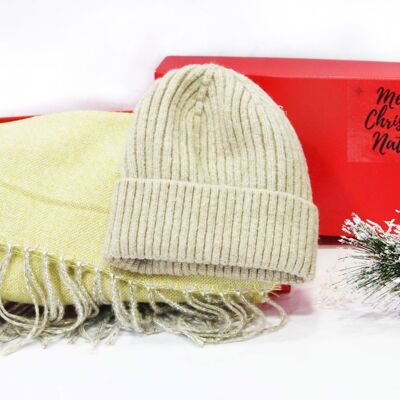 Nude Beanie,  Scarf Set  - In Red Gift Box with Christmas Ribbon