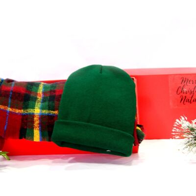 Green and Red Beanie,  Scarf Set  - In Red Gift Box with Christmas Ribbon