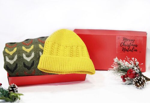 Yellow, Khaki Beanie,  Scarf Set  - In Red Gift Box with Christmas Ribbon