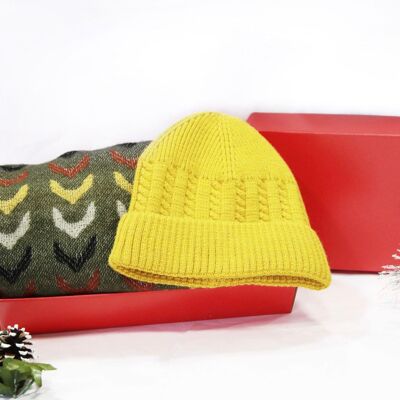 Yellow, Khaki Beanie,  Scarf Set  - In Red Gift Box with Christmas Ribbon