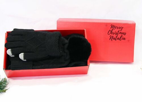 Black Beanie, Scarf and Gloves  Set  - In Red Gift Box with Christmas Ribbon