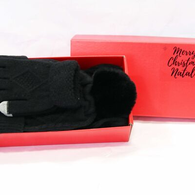 Black Beanie, Scarf and Gloves  Set  - In Red Gift Box with Christmas Ribbon