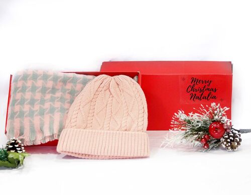 Pink, Grey Beanie,  Scarf Set  - In Red Gift Box with Christmas Ribbon