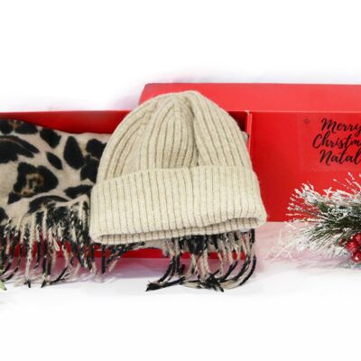 Nude Leopard Beanie,  Scarf Set  - In Red Gift Box with Christmas Ribbon