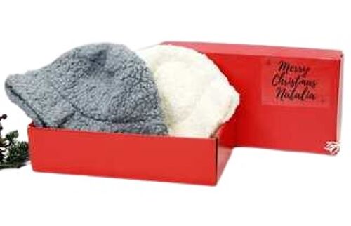 White Grey Teddy Bucket Hat  - In Red Gift Box with Christmas Ribbon