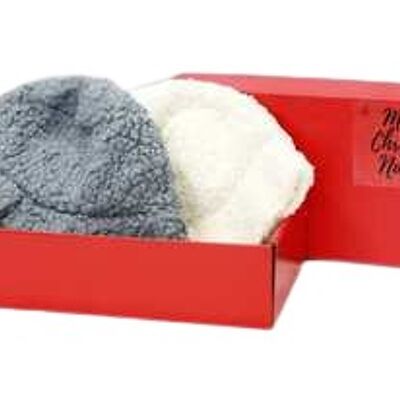 White Grey Teddy Bucket Hat  - In Red Gift Box with Christmas Ribbon