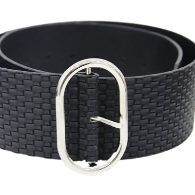 Black Wide Woven Faux Leather Belt with Oversized Metal Oval Silver Buckle