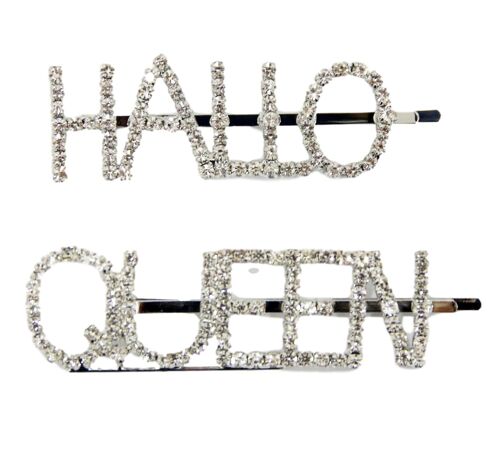 Hallo Queen' Slogan Diamante Hair Slides