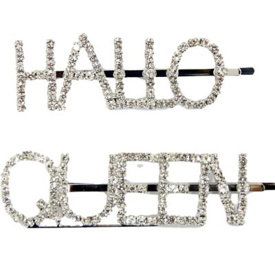 Hallo Queen' Slogan Diamante Hair Slides