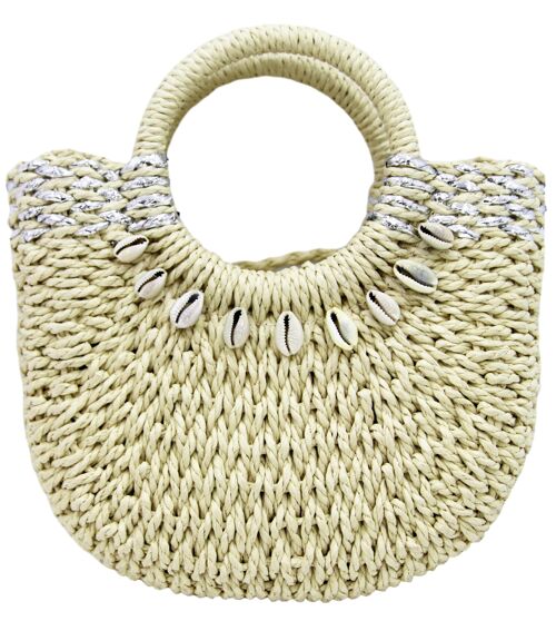 Cream Structured Straw Bag with Metal Weave and Cowrie Shell Detail