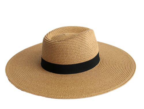 Tan Wide Brim Straw Fedora Hat
